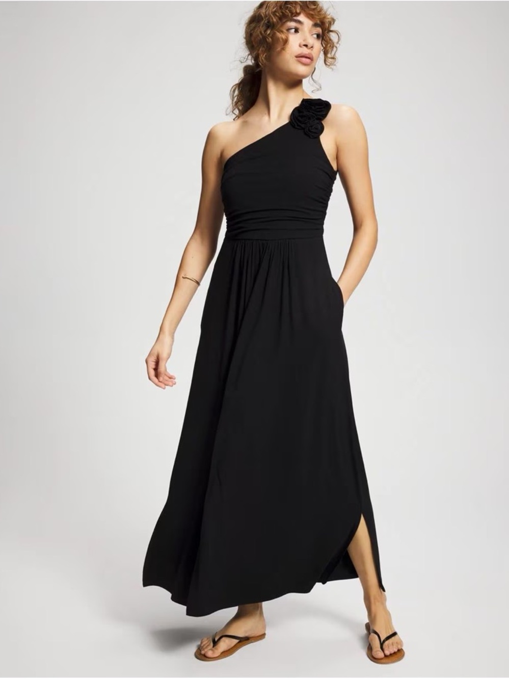 Soma One-Shoulder Black Maxi Dress with Rosette Accent